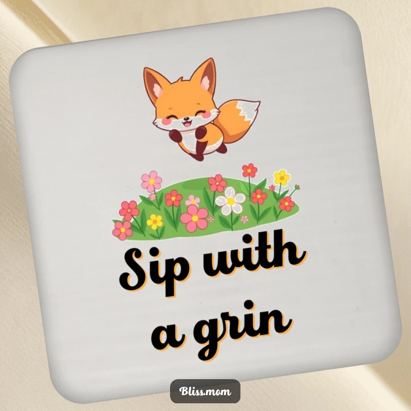 Funny cheerful kawaii fox jumping over flowers, cute woodland coasters, protecting surfaces, perfect funny gift.