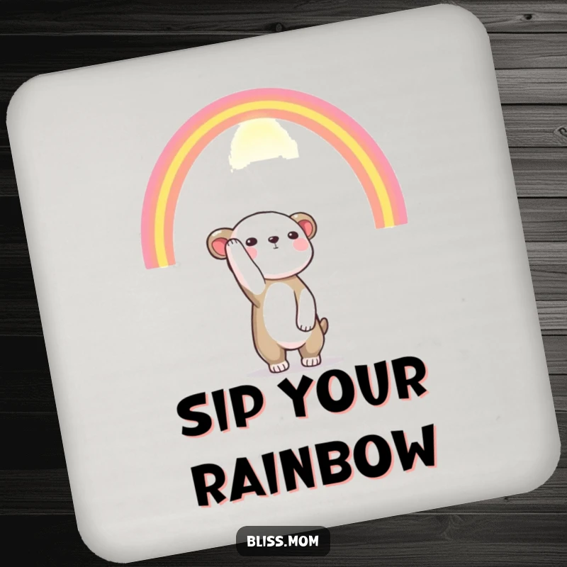 Funny drink coasters featuring an animal reaching towards a vibrant rainbow, bringing a touch of hope and humor to any surface.