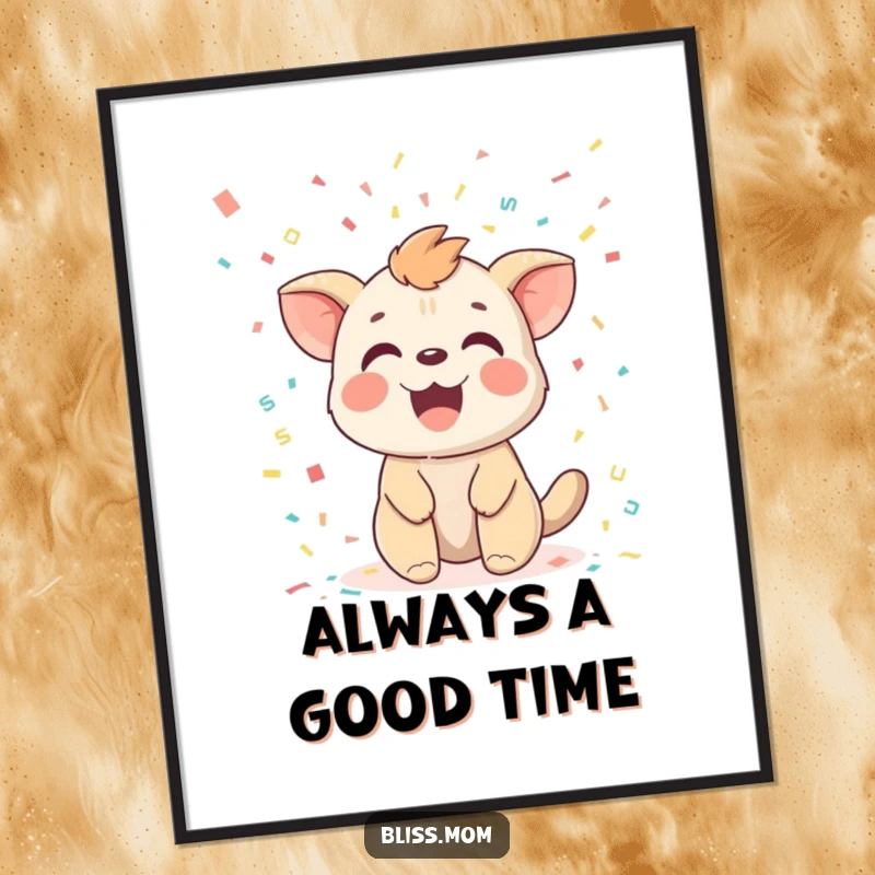 Funny poster print of a joyful animal with a blissfully delighted expression, immersed in a vibrant confetti shower.