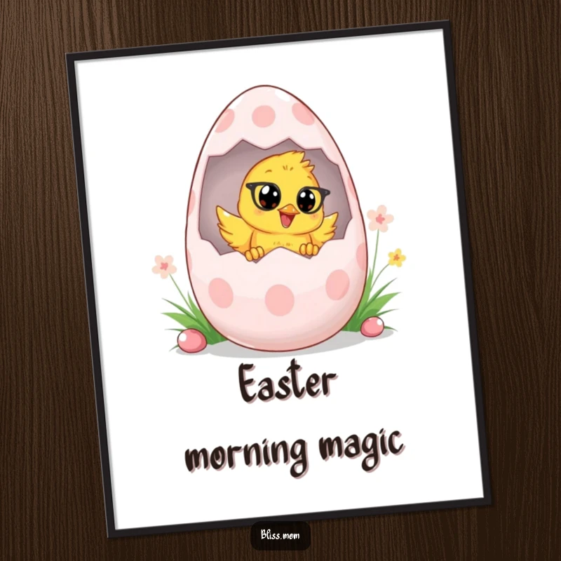 Funny Chick Mom Easter Poster, featuring a cute chick mom peeking from a giant Easter egg, adding whimsical spring charm. A great gift.