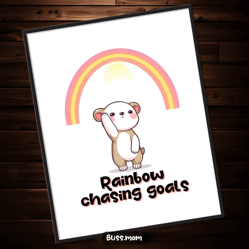 Funny poster depicting an animal reaching joyfully towards a vibrant, colorful rainbow, symbolizing dreams and aspirations on any wall.