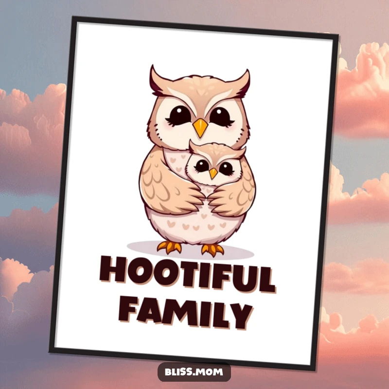 Funny Mother Owl poster depicting a cheerful mom owl receiving a warm, loving hug from its fluffy owlet.