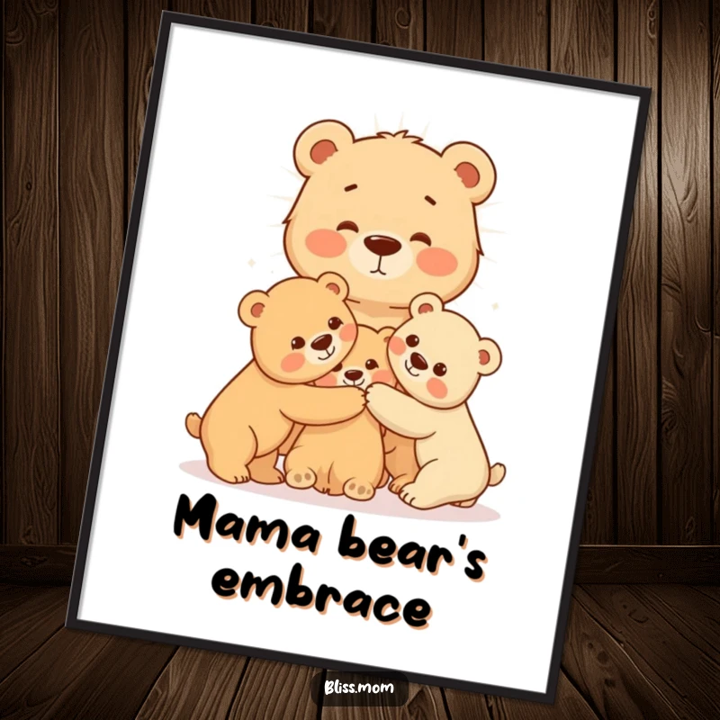 Radiating mama bear tenderly hugging her cubs, illustrated as a poster, symbolizing protective maternal love and warmth.