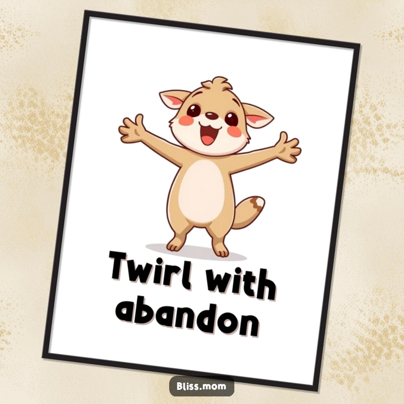 Funny poster depicting a cheerful animal twirling ecstatically with arms wide, a dynamic and joyful piece of art for any wall.