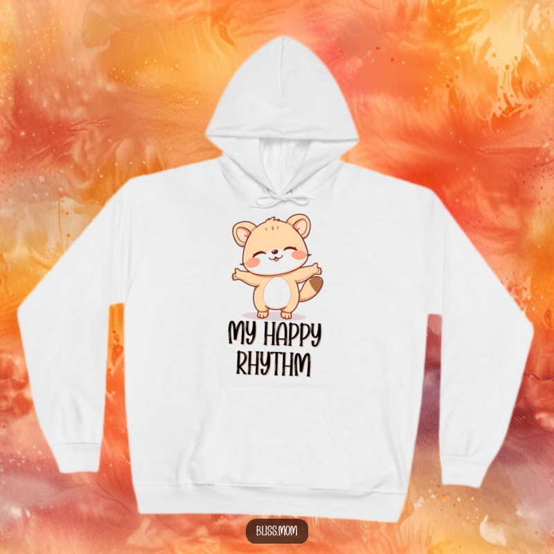 Funny hoodie featuring a delightful animal doing a happy dance with eyes closed, radiating pure bliss and comfort, a great gift.