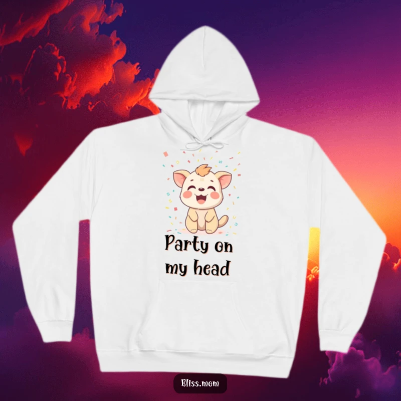 Funny hoodie showcasing a joyful animal, eyes wide with delight, as it receives a generous showering of colorful confetti.