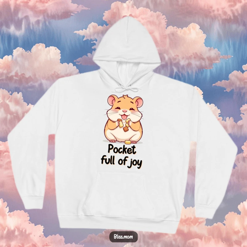 Funny hoodie: a happy hamster mom happily stuffing her cheeks with treats, symbolizing comfort and abundance for pet moms.