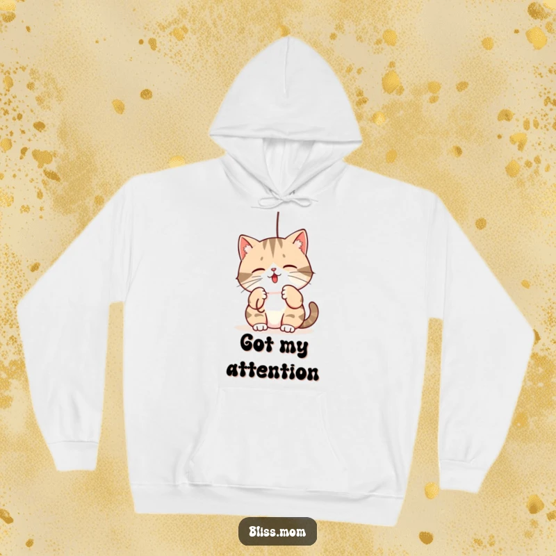 Funny hoodie: a kawaii mama cat playfully batting at a dangling string, a symbol of cozy, feline amusement.