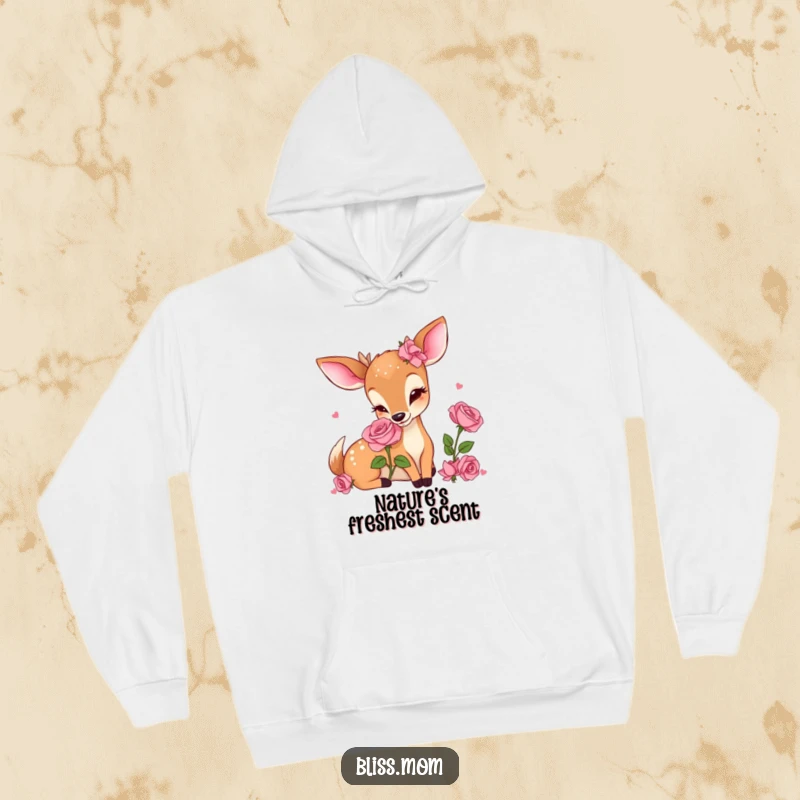 Funny Kawaii Deer Mom Hoodie, joyfully smelling a delicate rose, conveying warmth, comfort, and a touch of sweet, floral humor.