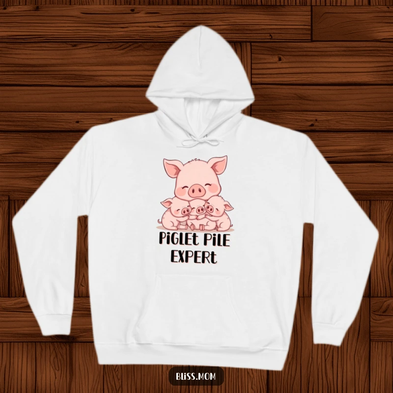 Funny Mama Pig Hoodie, showing a content mama pig snuggling her piglets, offering ultimate comfort and warmth. A great gift.