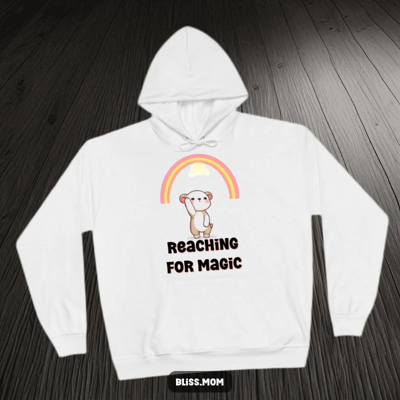 Funny hoodie featuring a hopeful animal reaching towards a vibrant rainbow, offering comfort and a touch of magical aspiration.