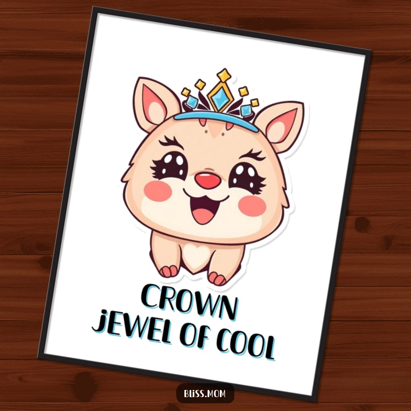 Funny Free Printable Wall Art: A joyful animal with bright eyes, a sparkling crown, and a radiant smile exudes happiness.