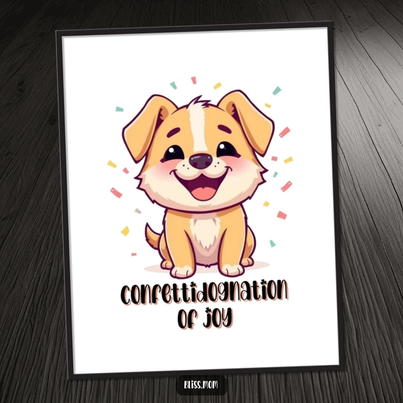 Funny free printable wall art of a happy dog with a beaming smile, surrounded by confetti, radiating pure happiness and celebration.