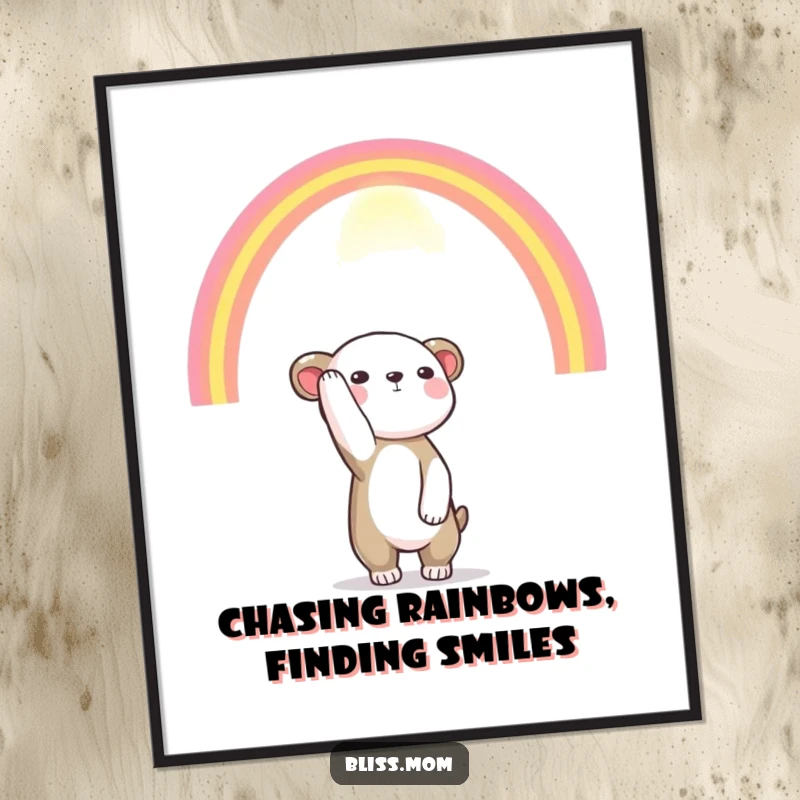 Funny free printable wall art of a hopeful animal reaching its paws up towards a spectacular, colorful rainbow.