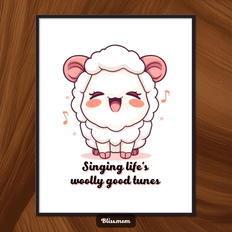 Funny Free Printable Wall Art: Cute kawaii sheep mom singing a sweet song, eyes shut in pure contentment.