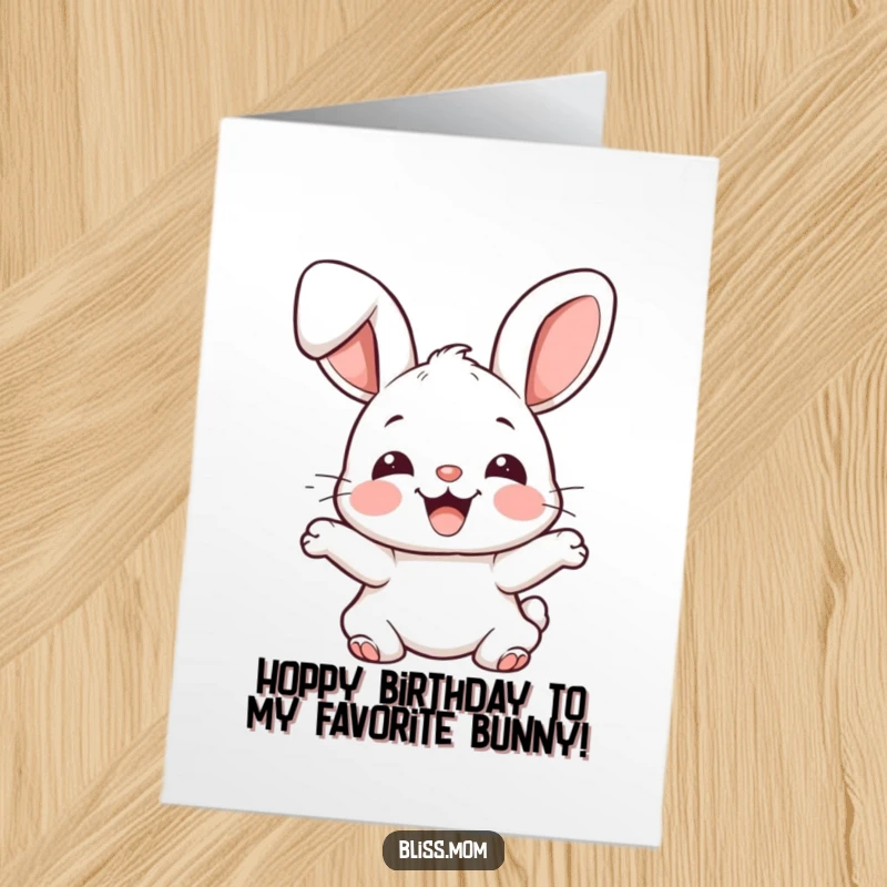 Funny Free Printable Birthday Card: Joyful kawaii bunny with floppy ears bouncing excitedly with happiness.