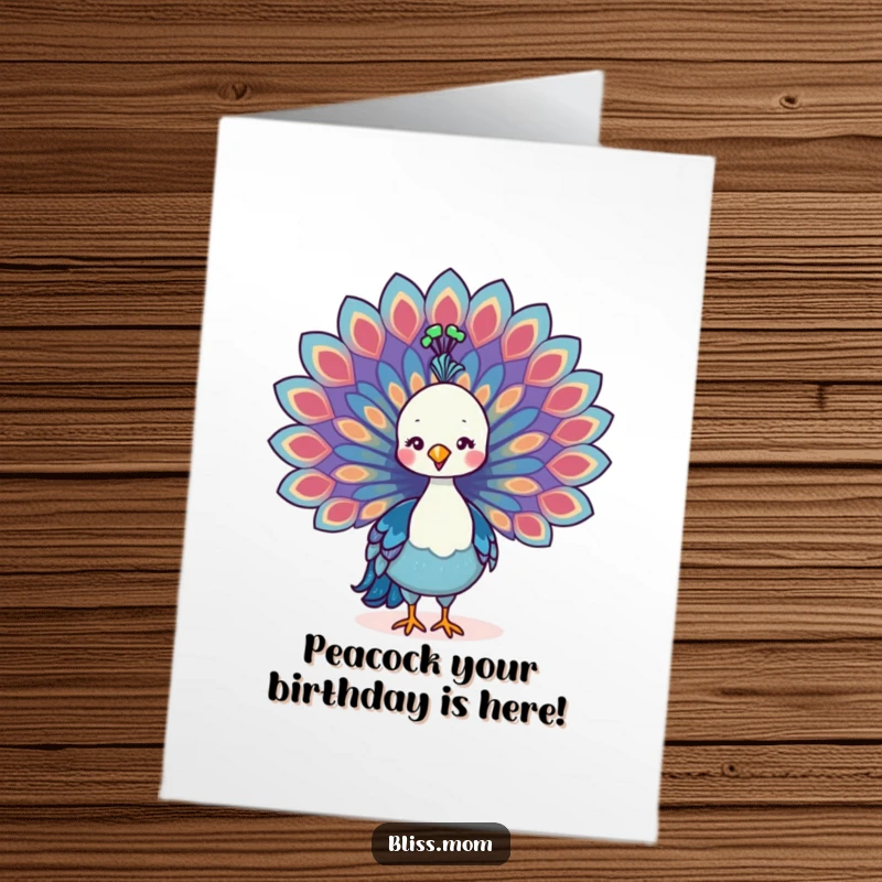 Funny Free Printable Birthday Card: Majestic kawaii peacock mom proudly displaying vibrant, colorful tail feathers.