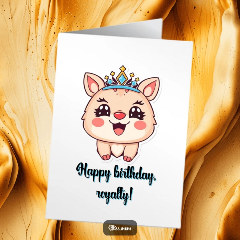 Funny Free Printable Birthday Card: A joyful animal with bright eyes, a sparkling crown, and a radiant smile wishes a happy birthday.