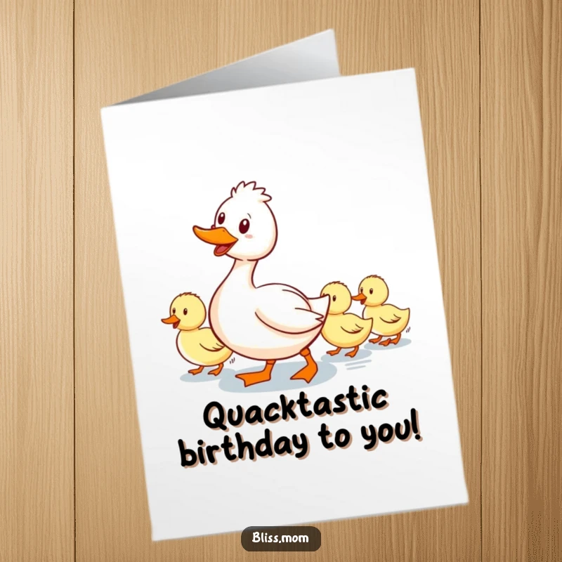 Funny Free Printable Birthday Card: Smiling mama duck waddling with ducklings, perfect DIY gift.