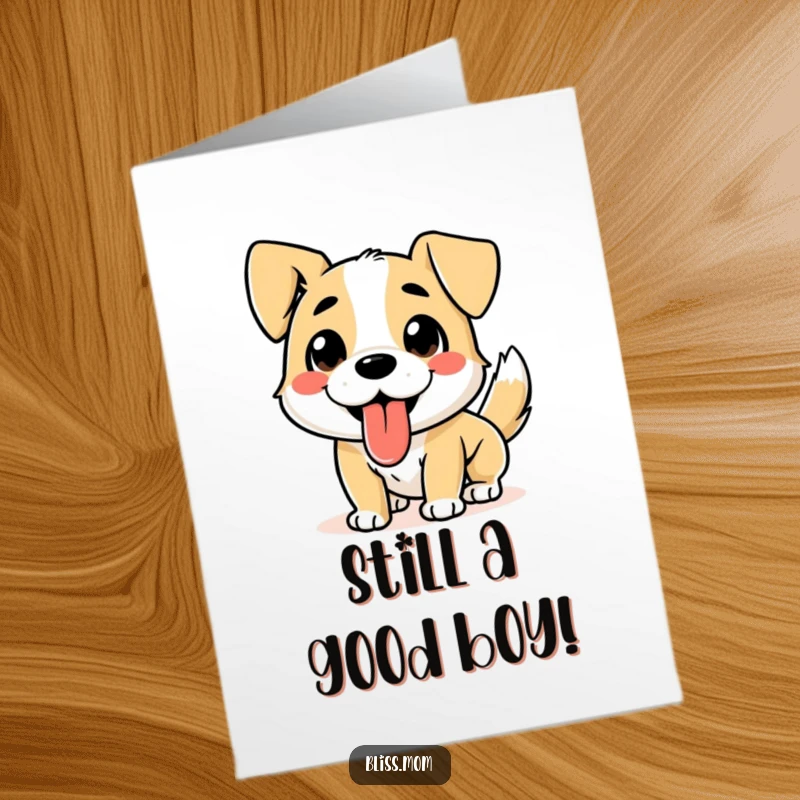 Funny Free Printable Birthday Card: A happy dog with its tongue out, wagging its tail uncontrollably, ready to party.