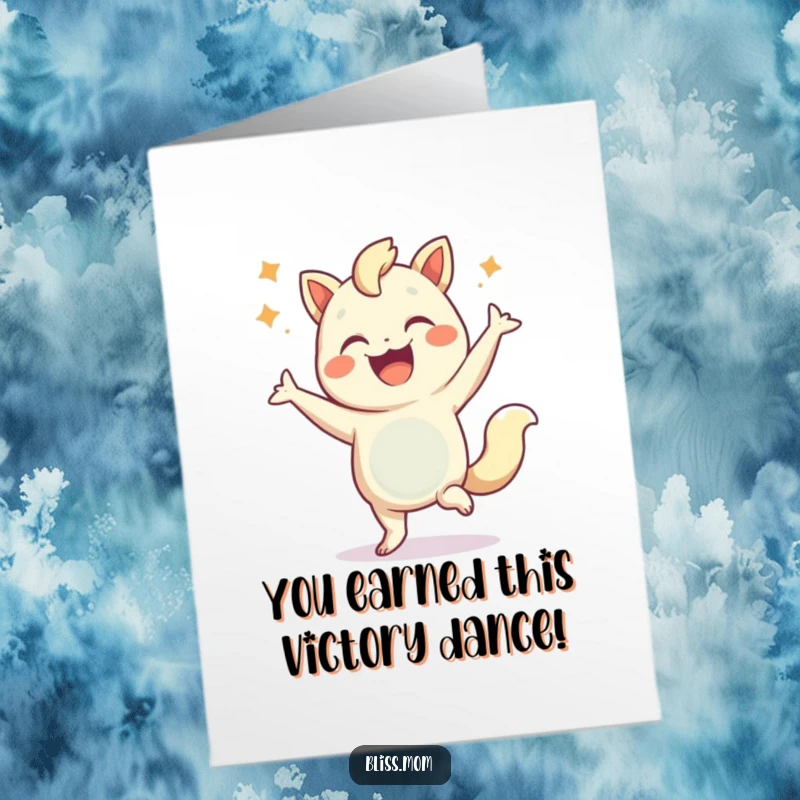 Funny Free Printable Congratulations Card: A happy creature performs a celebratory dance with a flourish, conveying infectious joy and excitement.