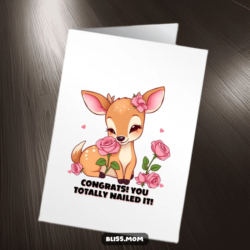 Funny Free Printable Congrats Card: Adorable kawaii deer mom inhaling the sweet scent of a blooming rose.