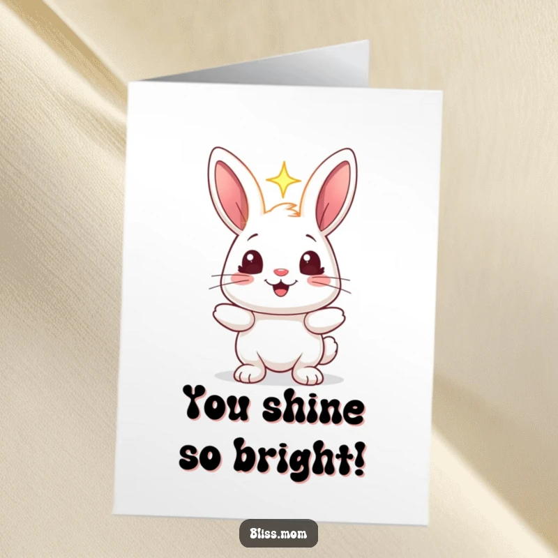 Funny Free Printable Congrats Card: Joyful rabbit holding a luminous light, eyes twinkling with celebratory excitement.