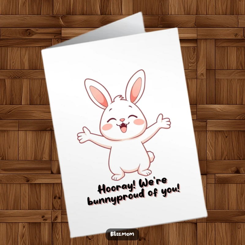 Funny Free Printable Congratulations Card: A very happy bunny stands with arms spread wide, beaming with pure, infectious delight.