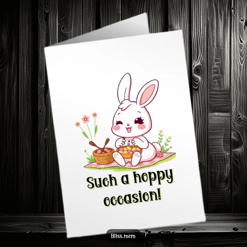 Funny free printable congratulations card showing a kawaii bunny mom with a radiant smile enjoying a picnic, celebrating achievements.