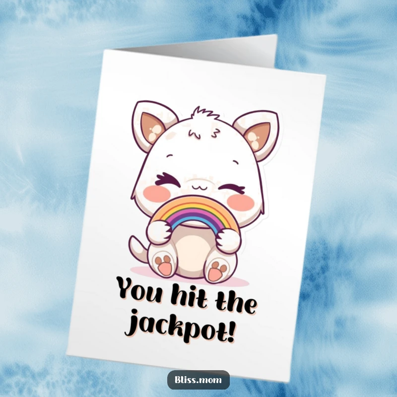 Funny Free Printable Congratulations Card: Playful Animal Winking and Holding a Miniature Rainbow, Symbolizing Good Fortune