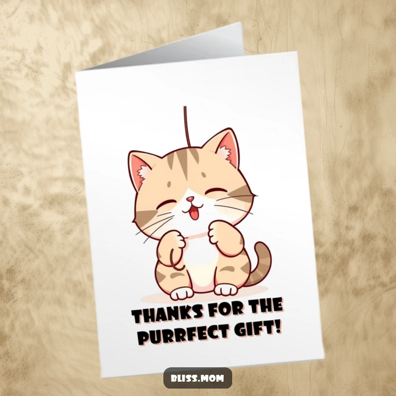 Funny Free Printable Thank You Card: Kawaii mama cat batting playfully at a dangling string, perfect DIY gift.