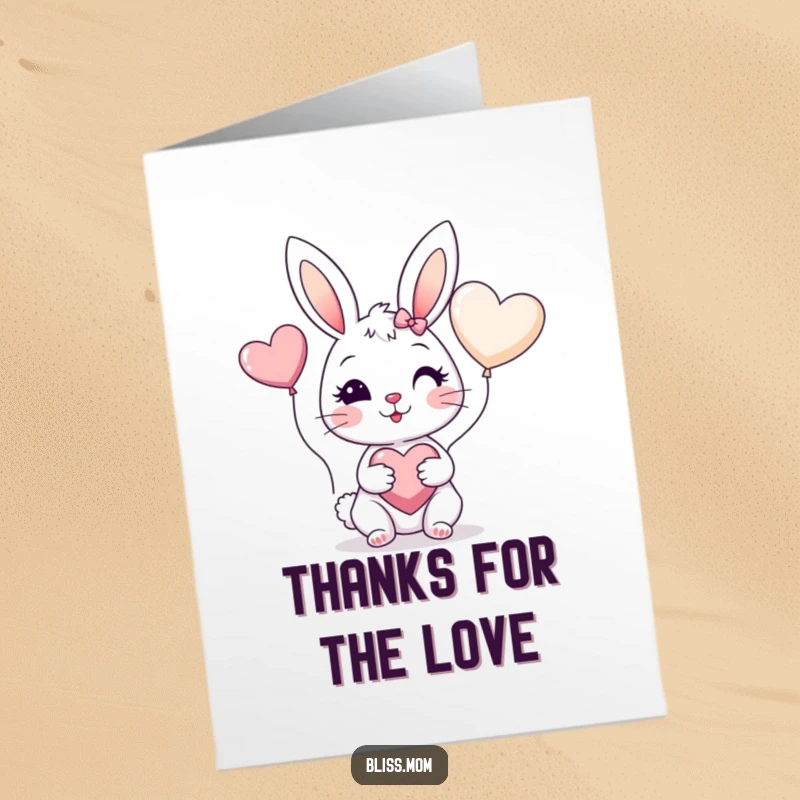 Funny Free Printable Thank You Card: Bunny mom with rosy cheeks holds a heart balloon, charmingly expressing thanks.