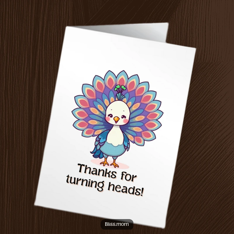 Funny Free Printable Thank You Card: Beautiful kawaii peacock mom spreading richly colored tail feathers with pride.