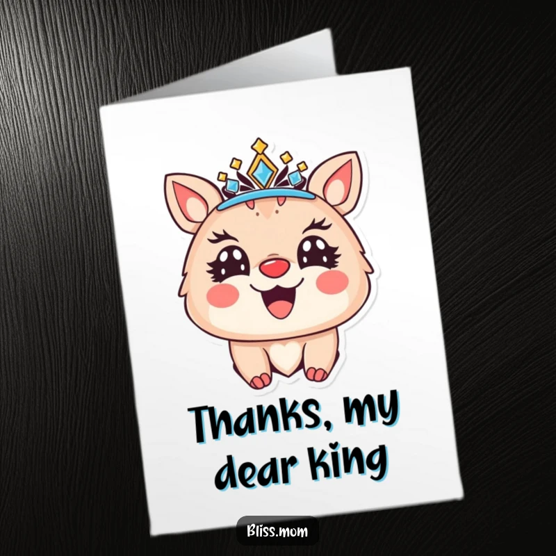 Funny Free Printable Thank You Card: A joyful, bright-eyed animal in a sparkling crown smiles radiantly, offering thanks.