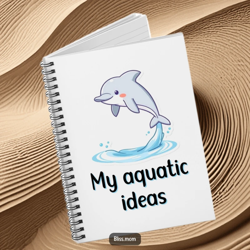 Funny notebook featuring a gleeful kawaii dolphin leaping from water, perfect for jotting down ideas with a dose of aquatic humor.