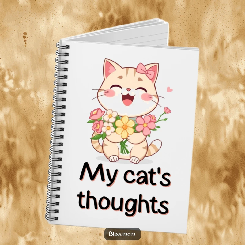 Funny Kawaii Cat Mom Notebook: A cheerful cat mom laughs, holding flowers. Perfect for notes, this notebook brings feline humor to your writing.