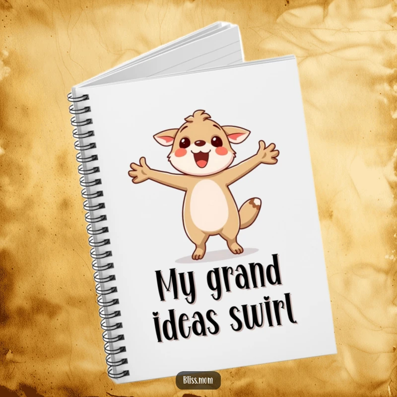 Funny notebook with a happy animal performing a joyful twirl, arms wide, perfect for jotting down notes and creative ideas.