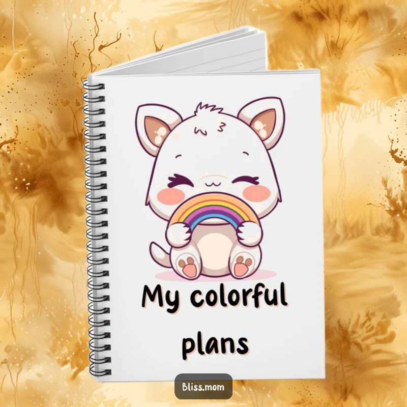 Funny notebook cover with a joyful animal giving a playful wink and proudly holding a miniature rainbow.