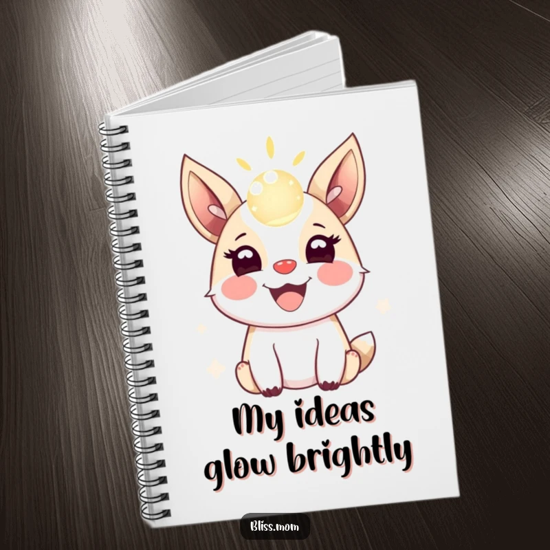 Funny notebook cover showing a joyful animal with energetic ears, bouncing a dazzling, shimmering orb of light.
