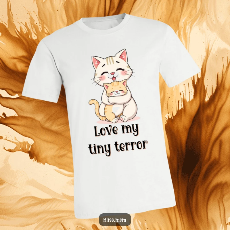 Funny t-shirt depicting a smiling cat mom receiving a giant hug from her loving kitten, emphasizing affection.