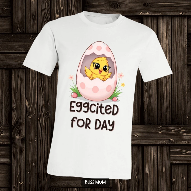 Funny Chick Mom Easter T-Shirt, showing a cute chick mom peeking from a large Easter egg, perfect for spring celebrations. A fun gift.