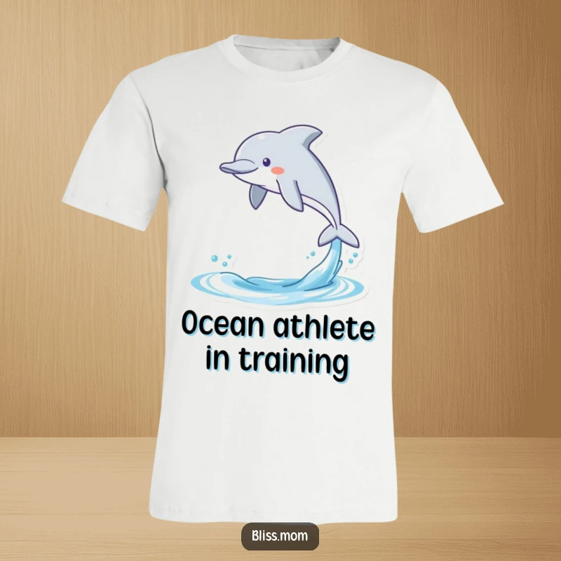 Funny t-shirt showcasing a gleeful kawaii dolphin leaping joyfully from splashing water, a perfect marine-themed funny gift.