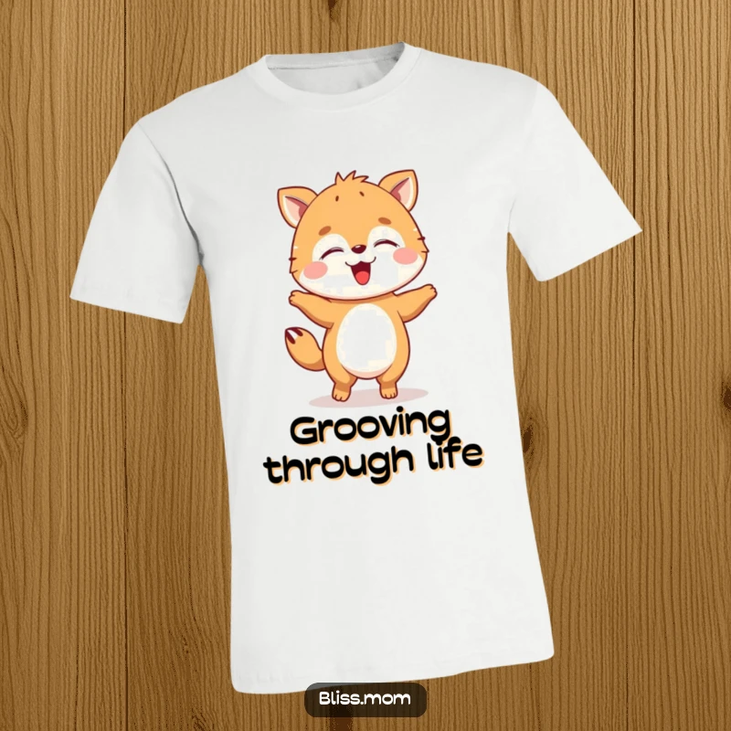Funny animal t-shirt performing a hilarious happy dance with eyes closed, radiating pure, unadulterated joy and fun.