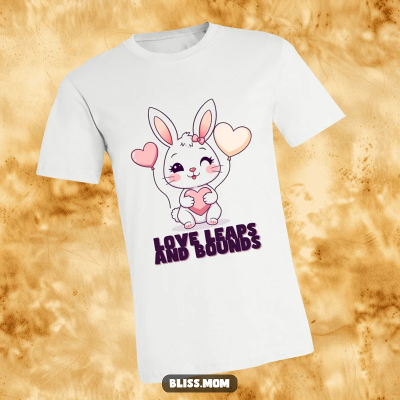 Funny t-shirt of a cheerful bunny mom with rosy cheeks holding a heart balloon, symbolizing love and joy.
