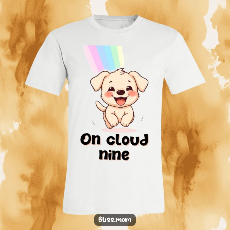 Funny t-shirt depicting a happy puppy with a huge grin, joyfully running after a colorful rainbow.