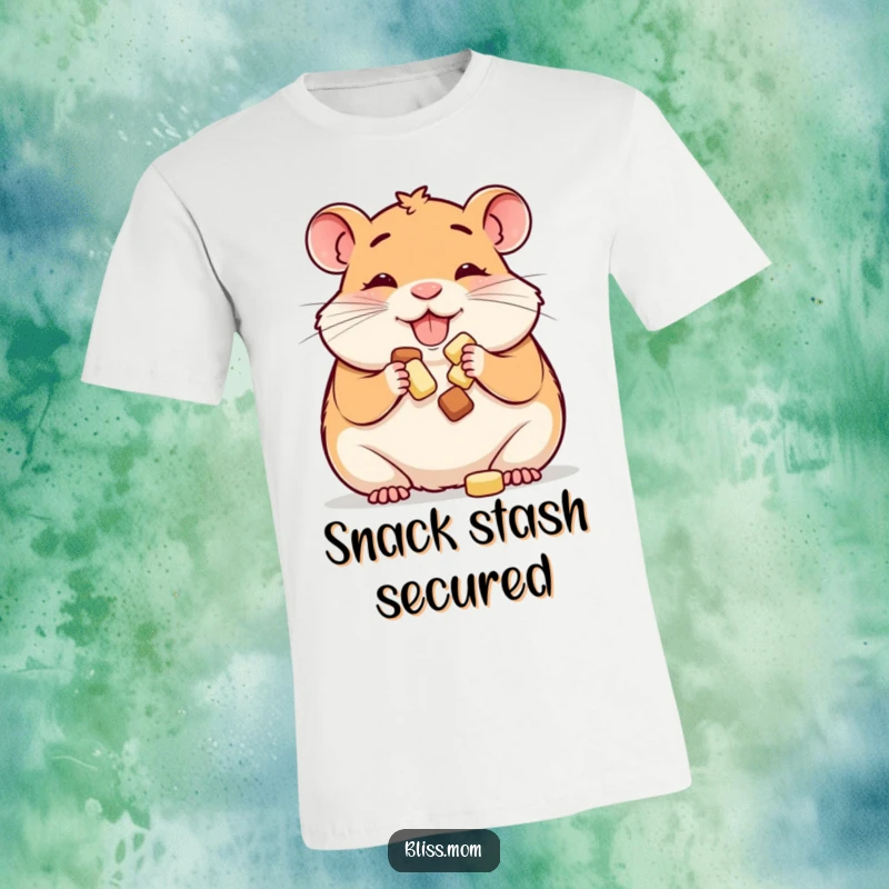 Funny t-shirt: a happy hamster mom happily stuffing her cheeks with delicious treats, embodying pure small pet joy.
