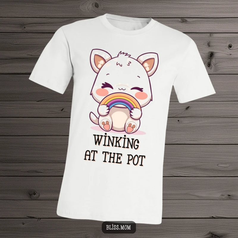 Funny t-shirt depicting a joyful animal giving a playful wink, holding a small, colorful rainbow.