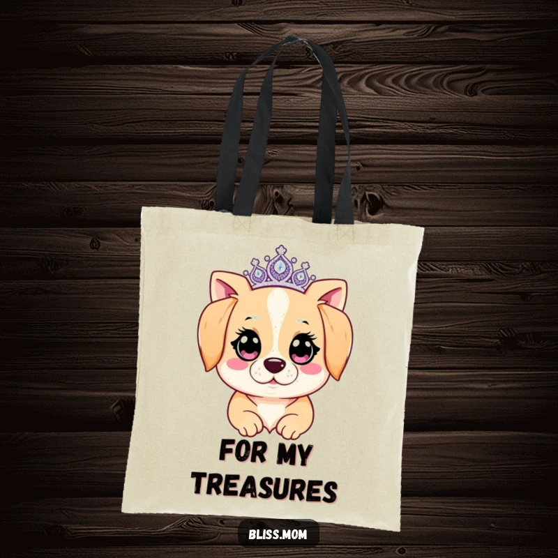 Funny Kawaii Dog Mom Tote Bag: A dog mom sparkles with joyful eyes and a tiara. Ideal for errands, this tote is humorously regal.