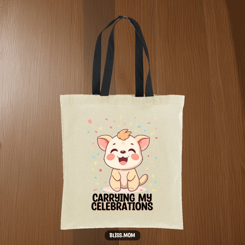 Funny tote bag with a joyful animal's delighted face, showered by a delightful explosion of colorful confetti.