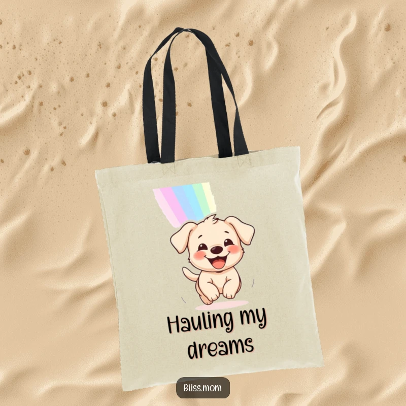 Funny tote bag featuring a delighted puppy with a big grin, running after a vibrant rainbow, perfect for everyday use.